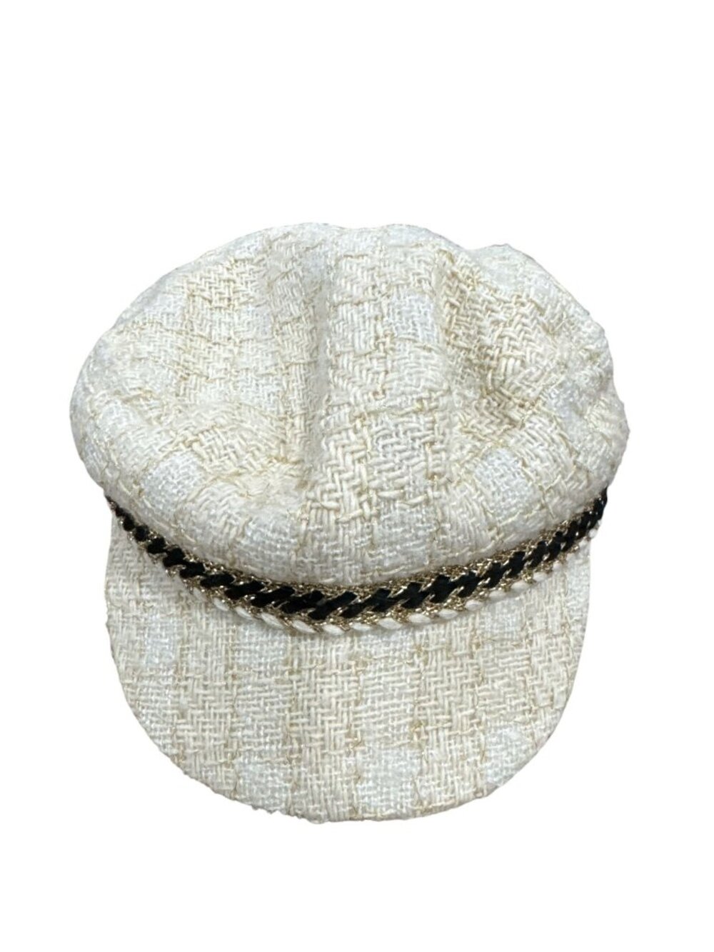 Kroché Paris Womens Ivory Tweed Baker Boy Cap With Black & Gold Chain Accent - Picture 2 of 7